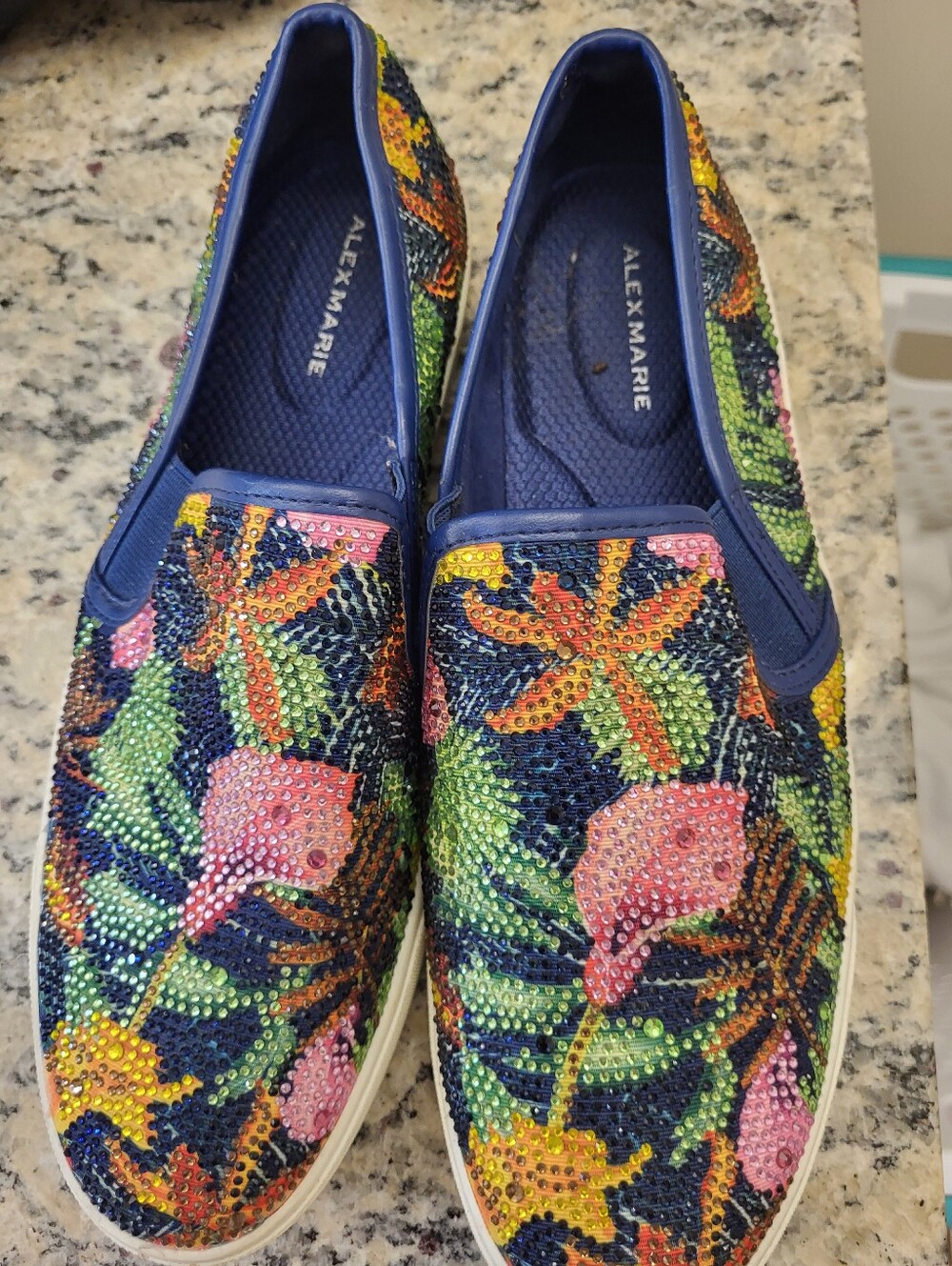 Alex Marie Blue Tropical Crystal Embellished Slipon Cushioned Loafers Size 8.5
